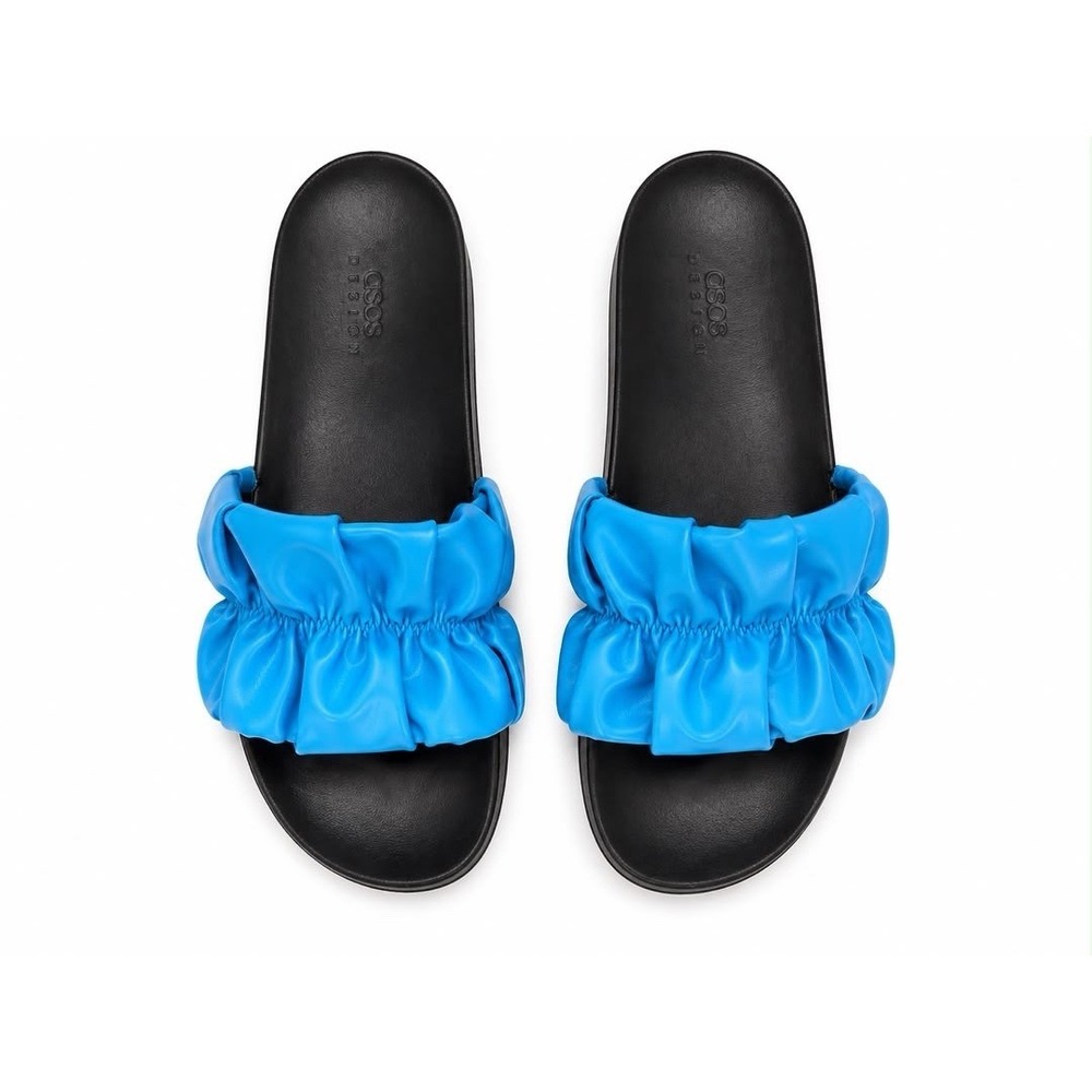 ASOS DESIGN Women's Blue Ruched Faux Leather Slide Sandals Slip On US 10